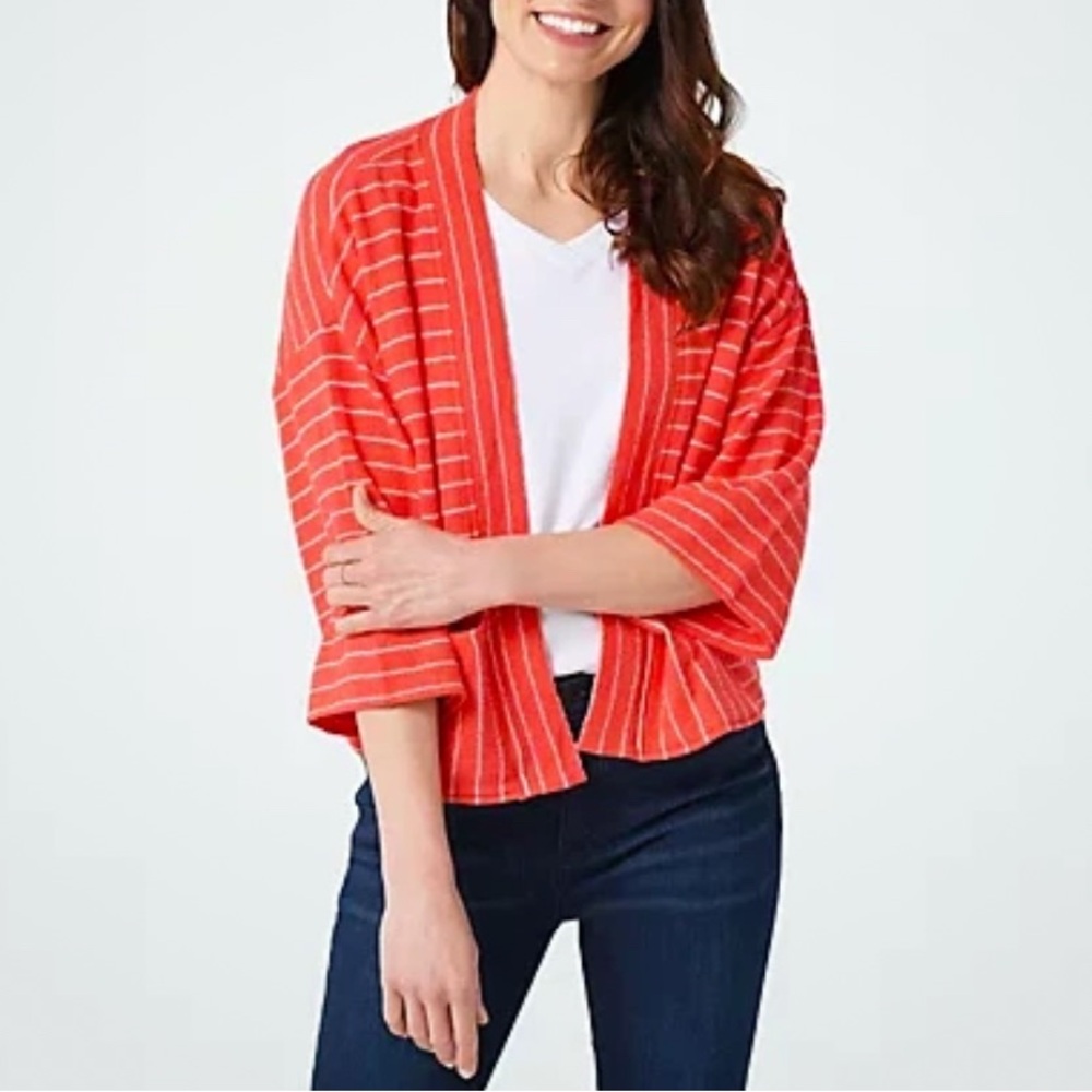 Isaac Mizrahi Vibrant Coral Striped Cardigan